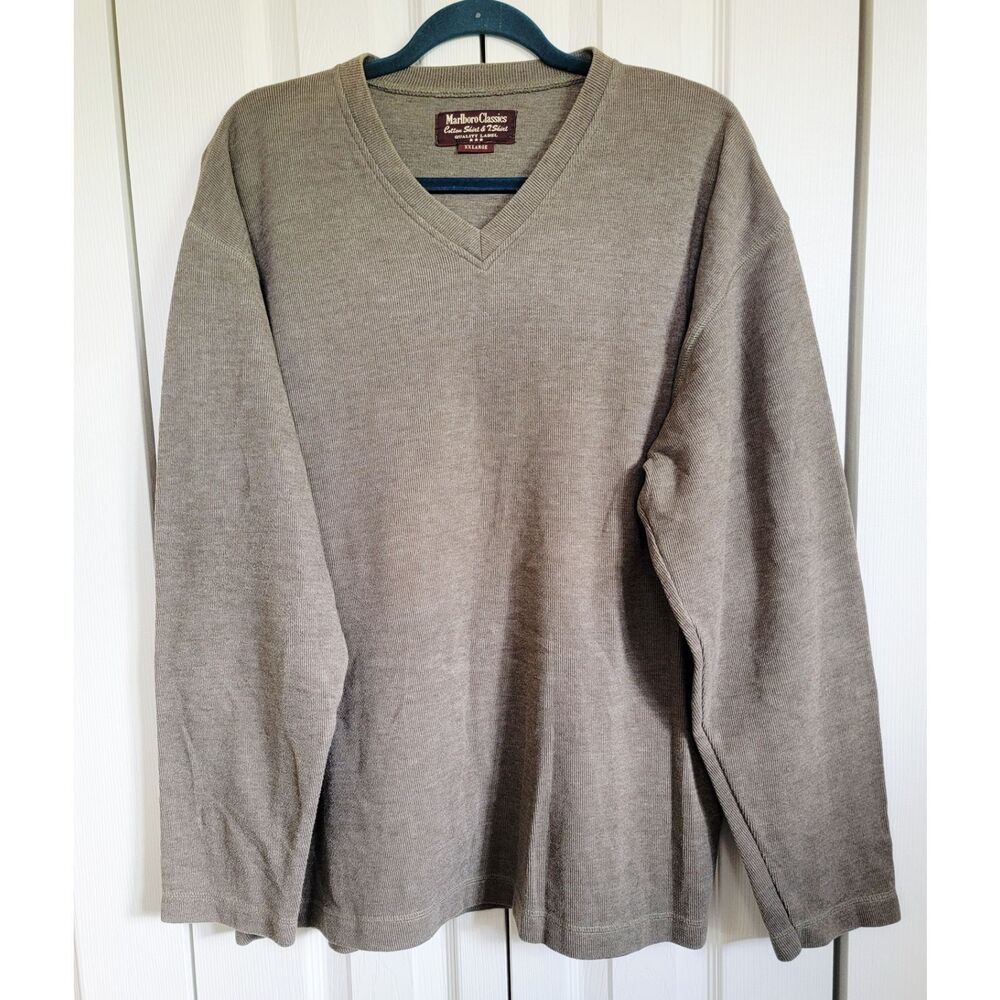 Marlboro‎ Originals 2X Vintage Men's Jumper Sweater Olive Brown Ribbed V-Neck